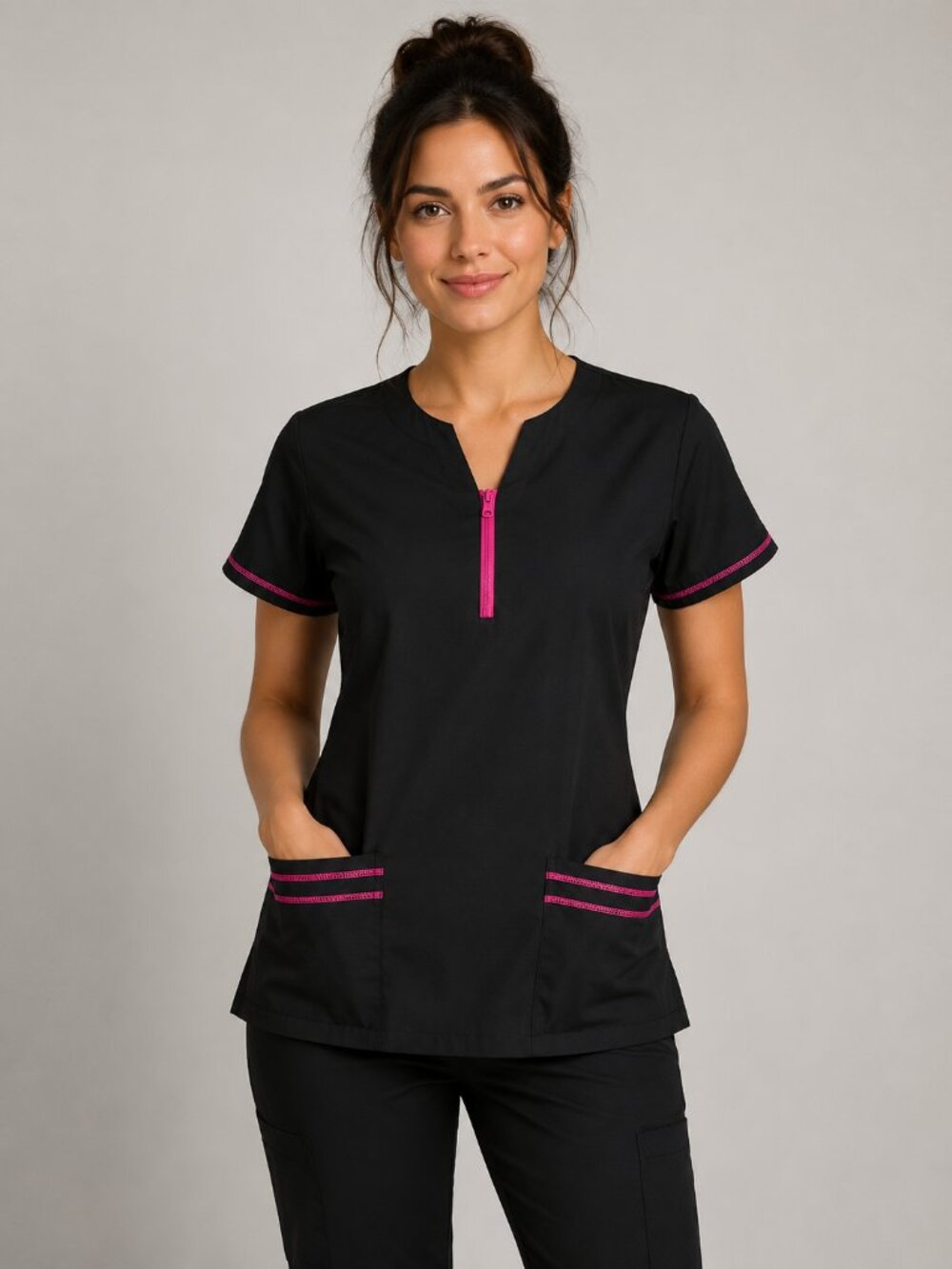 BEVERLY HILLS UNIFORMS NWT Short Sleeve V-Neck Black w/Pink Accents Scrub Top XS